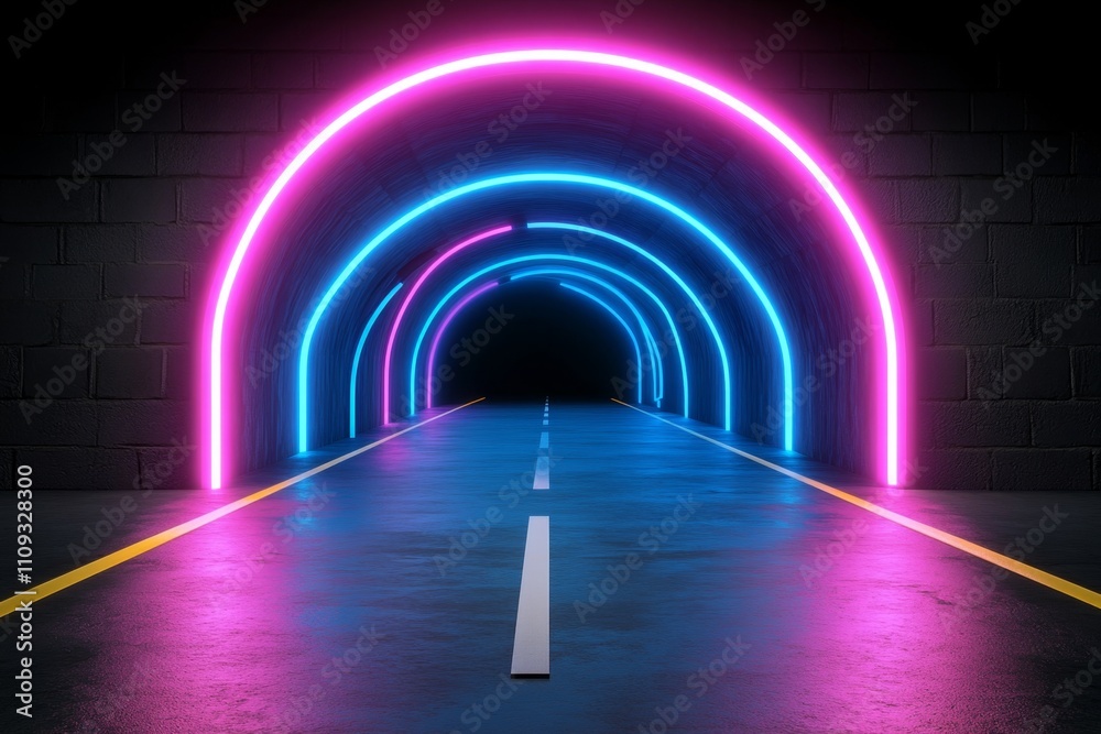 Poster tunnel of glowing neon server racks in blue and pink light, representing futuristic data management 