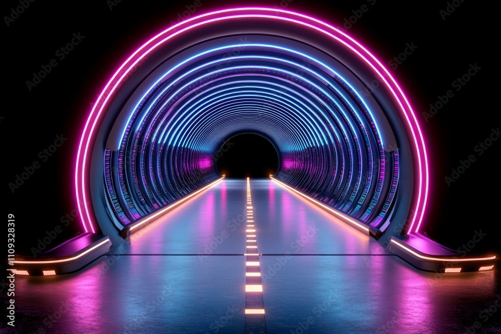Aufkleber tunnel of glowing neon server racks in blue and pink light, representing futuristic data management 