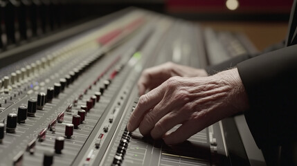 Obraz premium Serene audio studio with sound engineer adjusting noise reduction settings on mixing console, symbolizing the meticulous process of eliminating unwanted sounds.