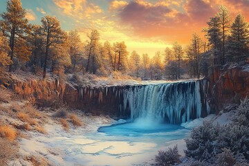 Frozen Waterfall in Colorado Pine Tree Wonderland at Sunrise. AI generated illustration