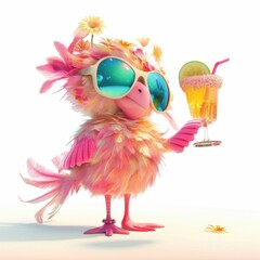 Fototapeta premium A 3D flamingo’s beaming smile complements the colorful cocktail it holds, reflecting a fun and lively mood in this vibrant scene.