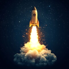 Fototapeta premium Creative digital light bulb rocket ascending into space image