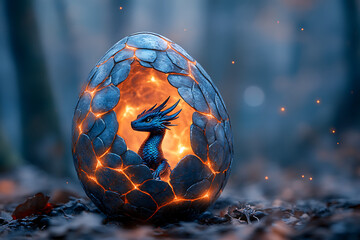 A blue dragon egg glows softly in a forest alive with wonder and adventure.