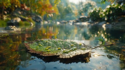 Fototapeta premium A close-up of a leaf floating on water, reflecting a serene natural scene.