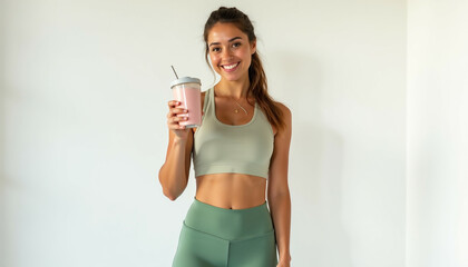 A smiling woman in sportswear holds a pink smoothie  healthy lifestyle concept.