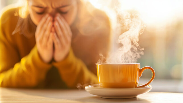 Health warning symptoms response concept. person with steaming cup of tea shows signs of discomfort and stress