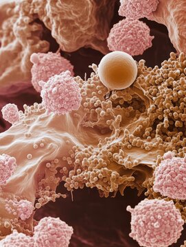 Macro View of Cancerous Tumor Cell Attacking Healthy Cell - Microscopic image showing a cancerous tumor cell attacking a healthy cell, symbolizing disease, aggression, invasion, destruction, and strug