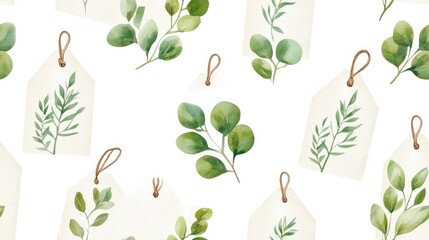 Seamless pattern of thank you tags adorned with green watercolor eucalyptus leaves and branches ideal for wedding invitations and gift wrapping