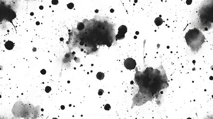 Artistic black watercolor and ink splatter seamless pattern with decorative elements on a clean white background for textile design and home decor