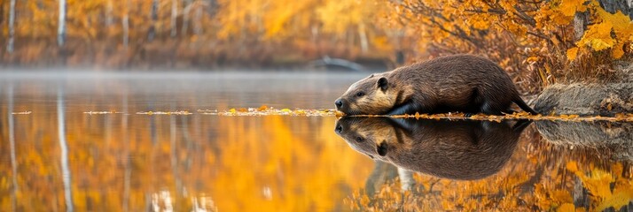 Fototapeta premium Majestic Beaver by Serene Autumn Lake - A majestic beaver rests by a tranquil lake shore, surrounded by vibrant autumn foliage. Nature, wildlife, reflection, tranquility, autumn.