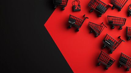 Naklejka premium A black-and-red color palette banner with shopping cart icons and percentage symbols, sale, copy space