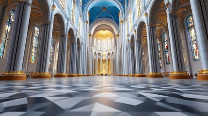 Fototapeta premium Majestic Cathedral Interior: Architectural Splendor - Grand cathedral interior, showcasing architectural detail, stained glass, high ceilings, and intricate floor patterns. Symbolizing faith, grandeur