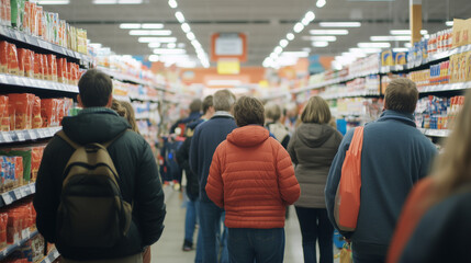 Obraz premium Long lines extending down a brightly lit store aisle during a flash sale, queue, copy space