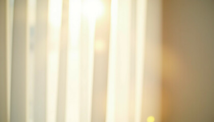 Sunlight streams through vertical blinds  creating a warm  blurry  and dreamy ambiance.