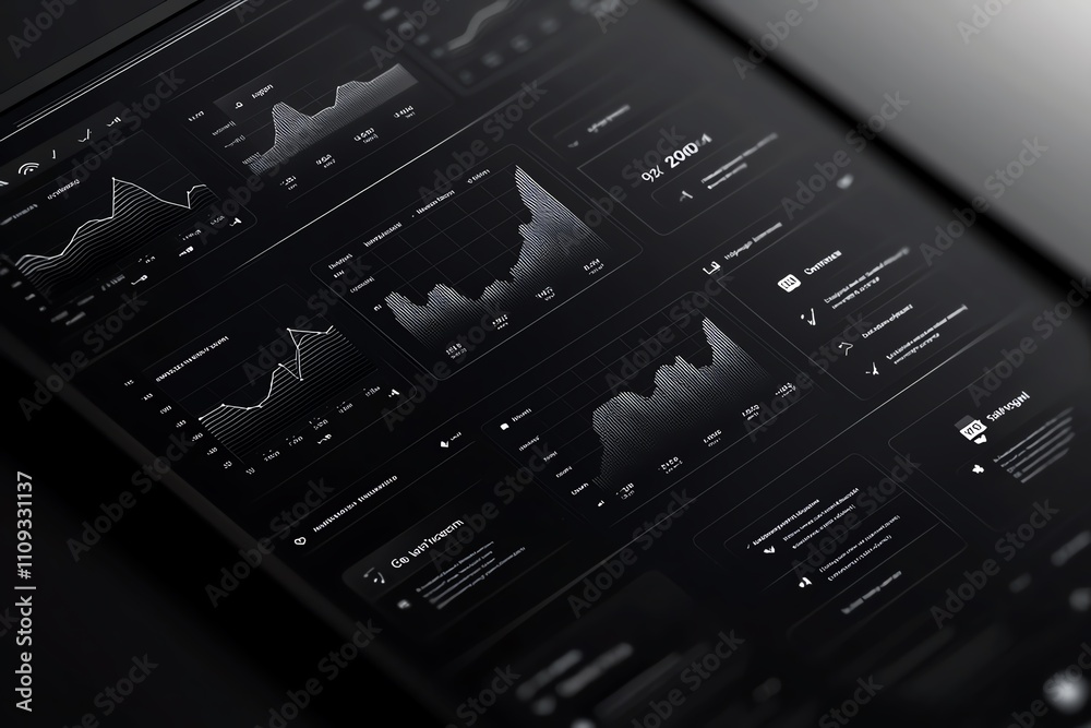 Poster a modern digital dashboard displaying various analytical graphs and data metrics on a sleek black ba