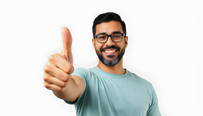 Naklejka premium Adult hispanic man over isolated background doing happy thumbs up gesture with hand. Approving expression looking at the camera with showing success with a white accent, png