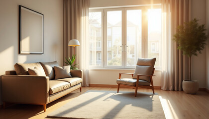 Fototapeta premium Sunlit living room with beige leather sofa armchair and potted plant. Minimalist interior design.