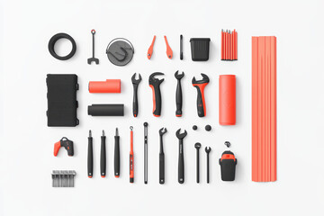 flat lay of various tools and equipment for mechanics and DIY enthusiasts, featuring wrenches, screwdrivers, and other essential items in clean arrangement