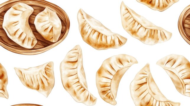 Seamless pattern of watercolor gyoza illustrations arranged in a steaming pot perfect for culinary designs food packaging recipe books