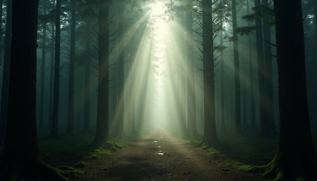 Sunbeams pierce through a misty forest  illuminating a path between tall  dark trees.