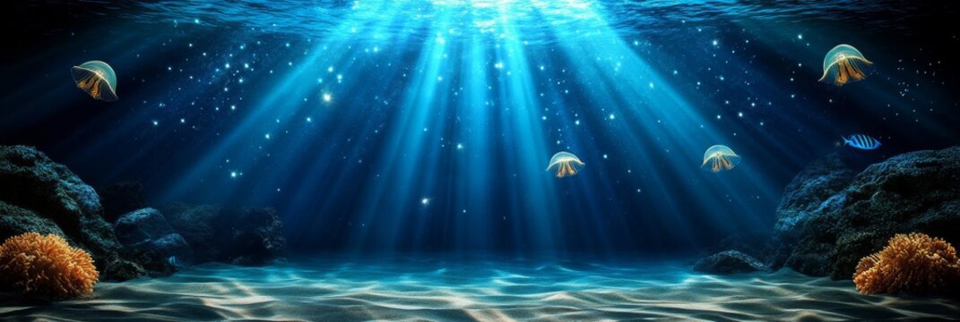 Majestic Luminescent Jellyfish Underwater Scene - Serene underwater scene, luminescent jellyfish, sunbeams, ocean floor, marine life. Symbolizes tranquility, mystery, beauty, life, and the ocean's dep