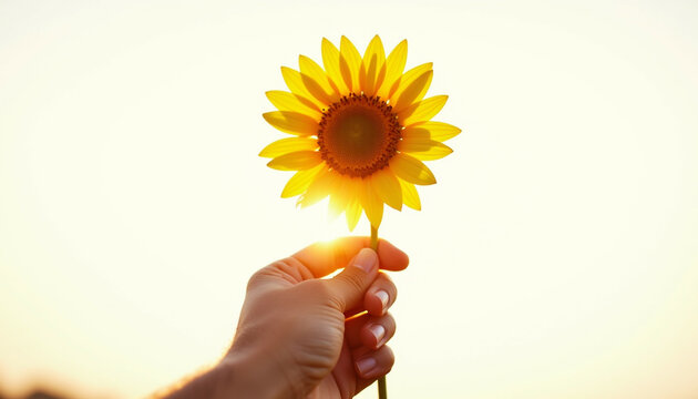 A hand gently holds a vibrant sunflower against a bright  sunlit sky.