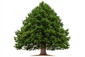 tall, lush green tree with symmetrical shape and dense foliage, standing prominently against white background, symbolizes nature beauty and strength