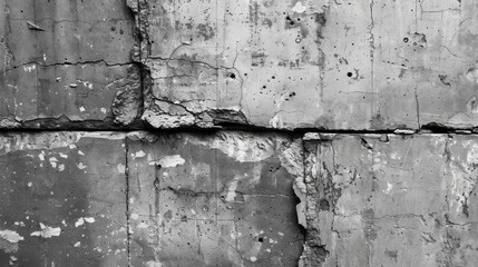 A close-up of a cracked and weathered concrete wall in grayscale.