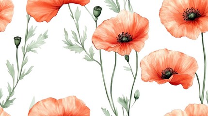 Obraz premium Watercolor seamless pattern featuring decorative botanical illustrations of two poppy stems with inflorescences perfect for home decor and design