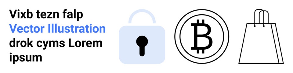 Lock, Bitcoin symbol, and shopping bag representing secure online transactions, cryptocurrency usage, and e-commerce. Ideal for online security, e-commerce, cryptocurrency, digital payments secure
