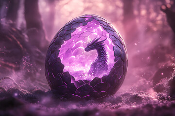 Purple dragon egg with shining dragon in the magic forest.