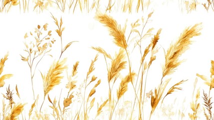 Seamless watercolor pattern featuring Fortuna gold and yellow summer grass motif ideal for vintage garden wallpaper and botanical designs