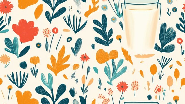 Seamless pattern featuring a glass of milk set against a whimsical landscape perfect for textile or wallpaper design