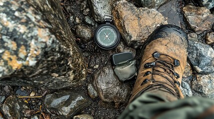 Fototapeta premium Hiking Equipment and Backpack on Rocks, Travel Concept. AI generated illustration