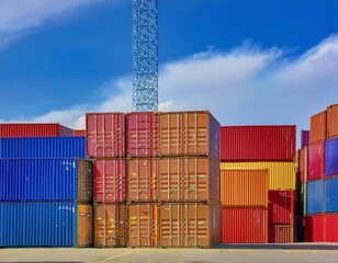 Fototapeta premium Freight containers on a shipping dock, highlighting cargo transport, logistics, and shipping.