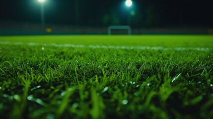 Naklejka premium Illuminated lush green soccer field at night with dew drops shimmering under stadium lights, perfect for sports events.