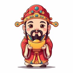 Chinese new year theme illustration god of wealth fortune prosperity holding gold ingot happy smiling