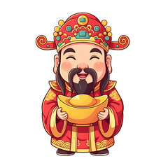 Chinese new year theme illustration god of wealth fortune prosperity holding gold ingot happy smiling