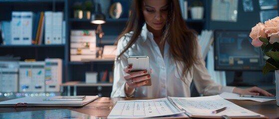 Stylish businesswoman checking event schedule on mobile phone in modern office, updating desk calendar