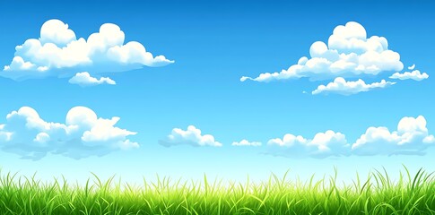 Obraz premium A flat grassy field illustration in soft pastel tones, fluffy white clouds, a clear blue sky.