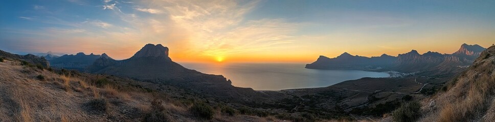 Obraz premium Panoramic View of Colorful Sunset Over the Sea with Mountains in the Background, AI generated illustration