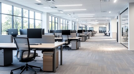 A modern, spacious office environment featuring sleek desks and ergonomic chairs, filled with natural light streaming through large windows