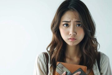 Asian woman in office, distressed, holding empty wallet, white backdrop