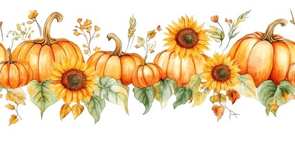 Watercolor illustration of pumpkins and sunflowers in a seamless pattern perfect for harvest festival greeting cards or wedding invitations