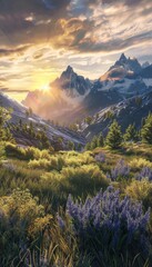 Fototapeta premium Tranquil dusk sunset illuminating a mountain prairie with sunlight peeking behind peaks