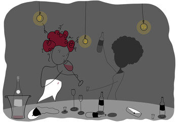 Ladies night out. Women taking a drink together at a bar. Drinking too much. Problematic alcohol use. Alcoholism.