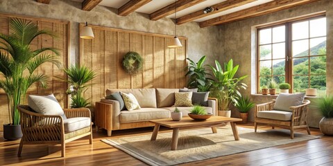 Cozy living room with wooden furniture, straw wall, and potted plants bathed in natural light, cozy