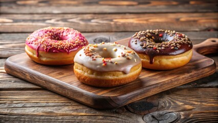 Three delicious donuts with assorted toppings on a rustic wooden board, donut, dessert, baked goods, sugar, pastry, confectionery
