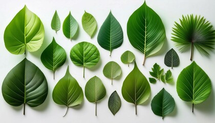 Dynamic Composition of Various Green Leaves Against White Background During Daylight