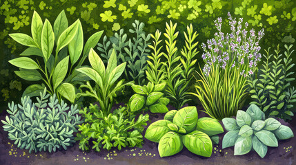 Fototapeta premium vibrant collection of various herbs and foliage, showcasing lush green leaves and delicate flowers, perfect for gardening enthusiasts and nature lovers